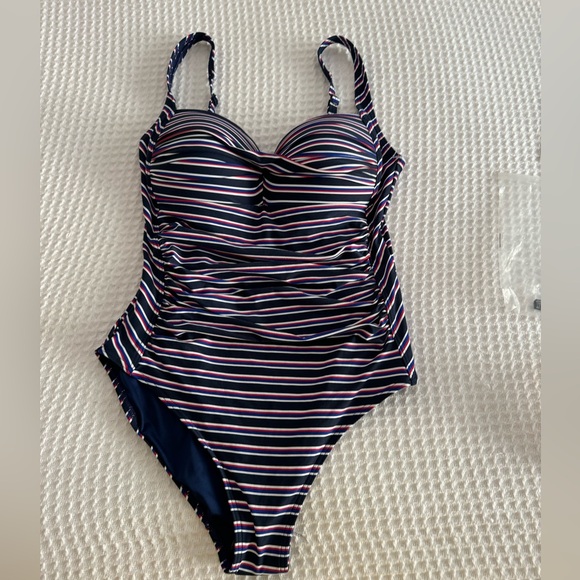 NIP & TUCK new w tags one piece swimsuit horizontal stripes blue red white Sz 10 - Picture 1 of 6